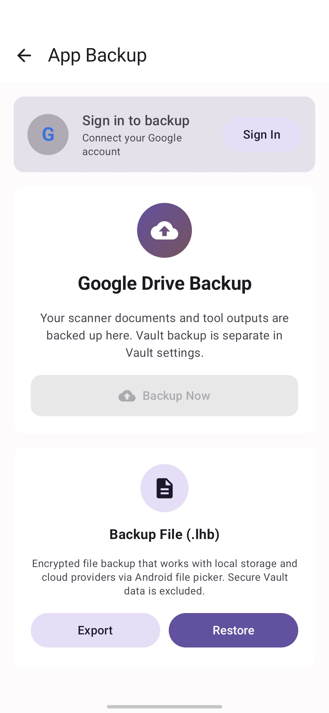 Lihenium backup and restore screen